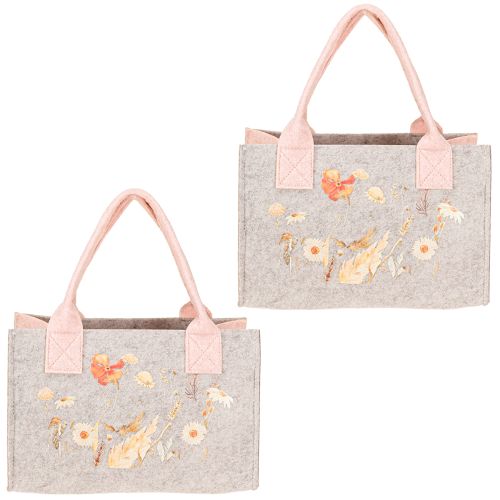 Artikel Vilttas met bloemenmotief – Duurzame cadeau- en boodschappentas in grijs en roze 26cm 2st