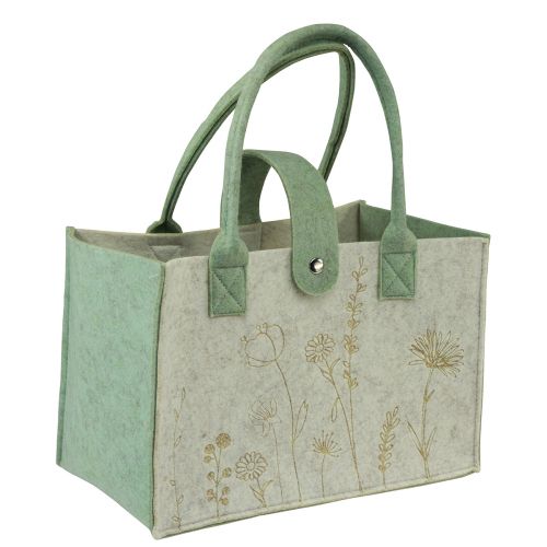 Artikel Vilten tas met hengsel met bloemen crèmegroen 30x18x37cm