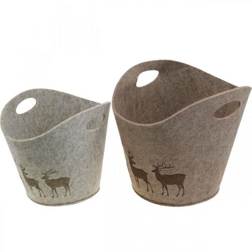 Kerstdecoratie vilten mand rond hertenplanter 38cm / 30cm set van 2