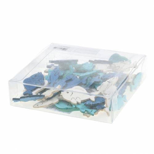 Scatter decoratie vis hout wit, blauw, lichtblauw 4cm 72st