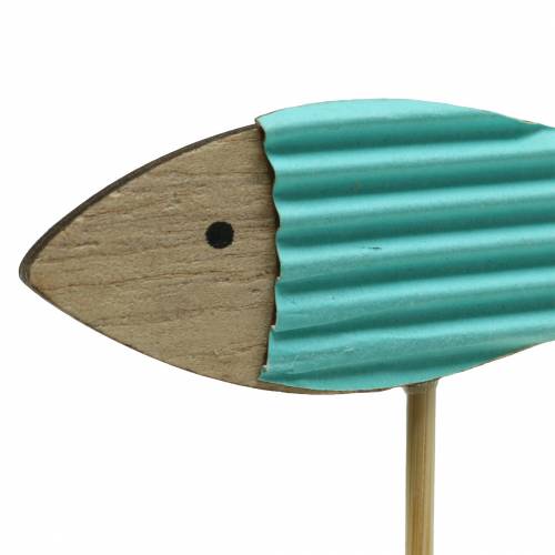 Floristik24 Decoratieve plug vis hout turkoois blauw wit 8cm H31cm 24 st