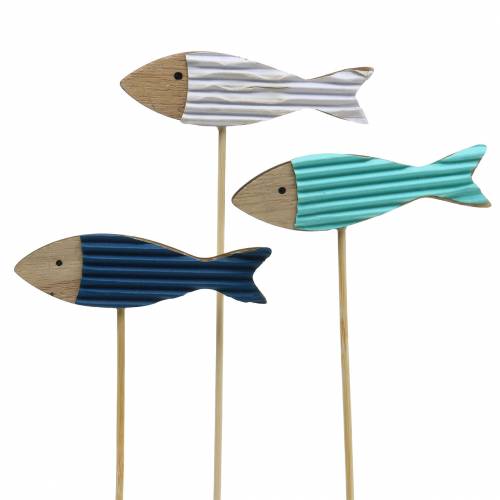 Floristik24 Decoratieve plug vis hout turkoois blauw wit 8cm H31cm 24 st