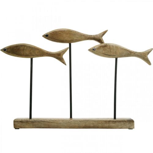 Floristik24 Maritieme decoratie, decoratief beeld, houten vis op standaard, natuurlijke kleur, zwart H30cm L45cm