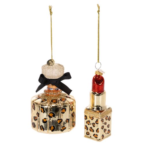 Kerstboomversiering: parfumflesje en lippenstift met luipaardprint, 11 cm, 2 stuks kopen | Floristik24.nl