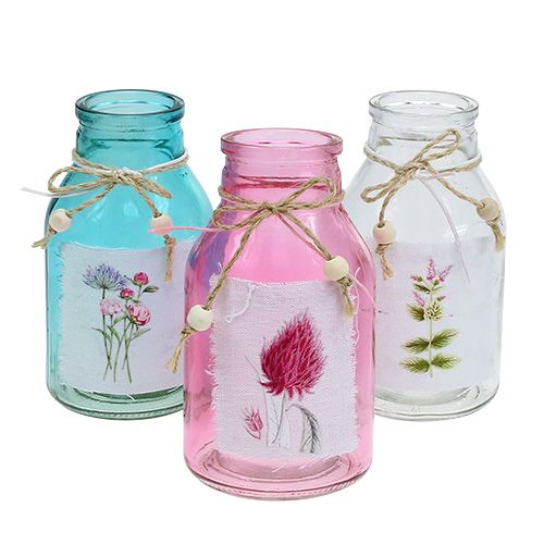 Floristik24 Glazen fles in diverse kleuren Ø8cm H15cm 3st