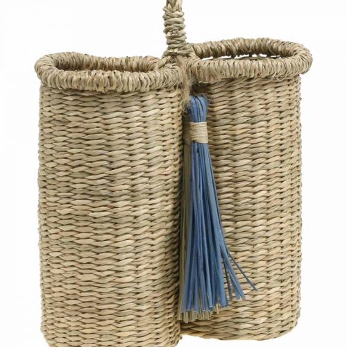 Floristik24 Flessenhouder van zeegras, gevlochten flessenmand, balkondecoratie, decoratieve mand om de natuur op te hangen, blauw H20cm B22cm