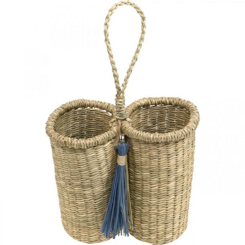 Floristik24 Flessenhouder van zeegras, gevlochten flessenmand, balkondecoratie, decoratieve mand om de natuur op te hangen, blauw H20cm B22cm