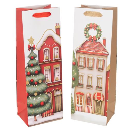Cadeautasje met fles, kersthuisje en kerstboom (36 cm, 2 stuks)
