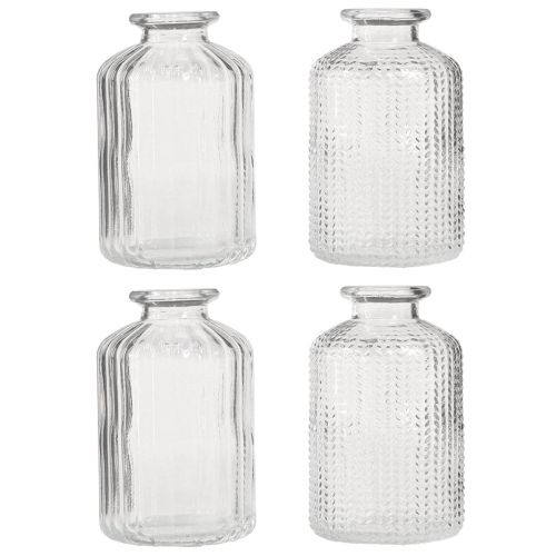 Artikel Flesvaas glas mini vazen met retro decor H9cm 4 stuks