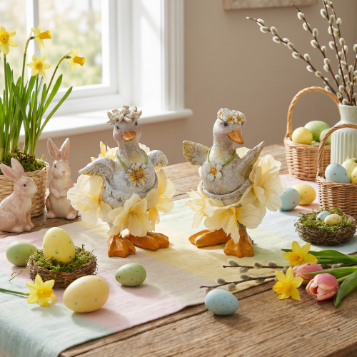 Artikel Decoratief eendje in een bloemenjurk, lente, gedetailleerd zomerdecoratieaccessoire, 11 cm, 2 stuks