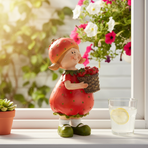 Artikel Decoratief beeldje van een aardbeienmeisje voor zomerdecoratie, schattig beeldje voor woonkamer en balkon, 18 cm
