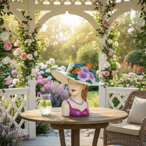 Artikel Bloemenvaas met vrouw op hoed en bloemen, plantenpotdecoratie voor binnen en buiten, 20 cm