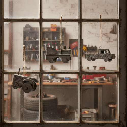 Artikel Vintage decoratieve metalen auto's om op te hangen, diverse maten, 9-10 cm, 4 stuks