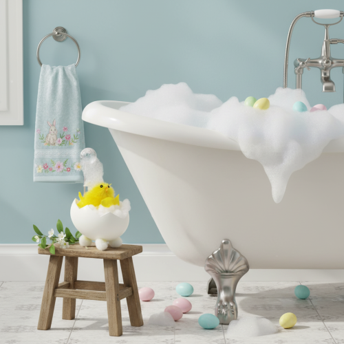 Artikel Paasdecoratie met kuikentje, chenille kuikentje in bad, geel, 9 cm