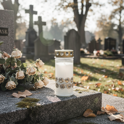 Artikel Grafkaarsen witte rozen rouwlicht herdenkingslicht Ø7cm H18cm 90h 2st