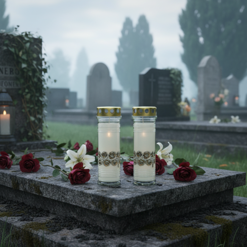 Artikel Grafkaarsen witte rozen rouwlicht Ø7cm H23,5cm 100h 2st