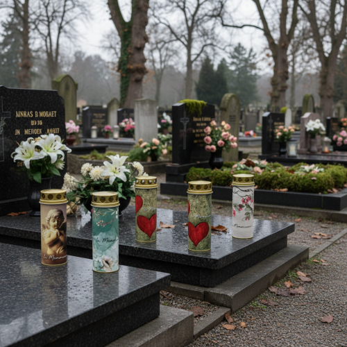 Artikel Grafkaars met motief, rouwdecoratie, Ø6cm H17cm, 6 stuks