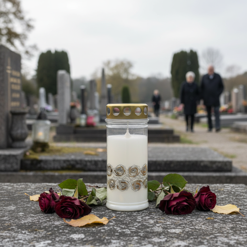 Artikel Grafkaars witte rozen goud rouwlicht Ø7cm H18cm 77h