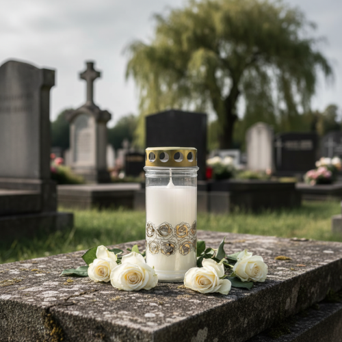 Artikel Grafkaars witte rozen goud rouwlicht Ø7cm H18cm 77h