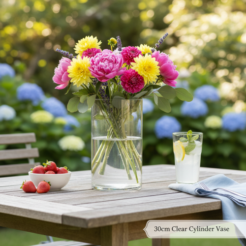 Artikel Bloemenvaas, slanke glazen cilinder, te gebruiken als glazen vaas of hoge decoratieve glazen vaas, 30 cm.