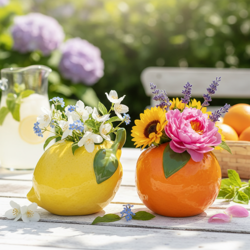 Artikel Citrusvaas, sinaasappel en citroen, als extravagant woonaccessoire, zomerdecoratie, 10 cm, 2 stuks