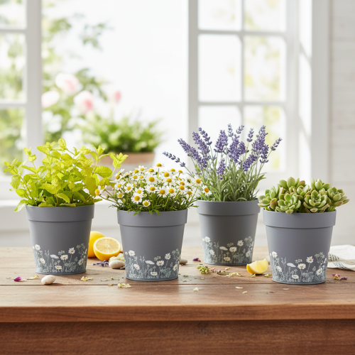 Artikel Bloempot met bloemenpatroon voor moderne huis- en zomerse balkondecoratie, 13 cm, 4 stuks