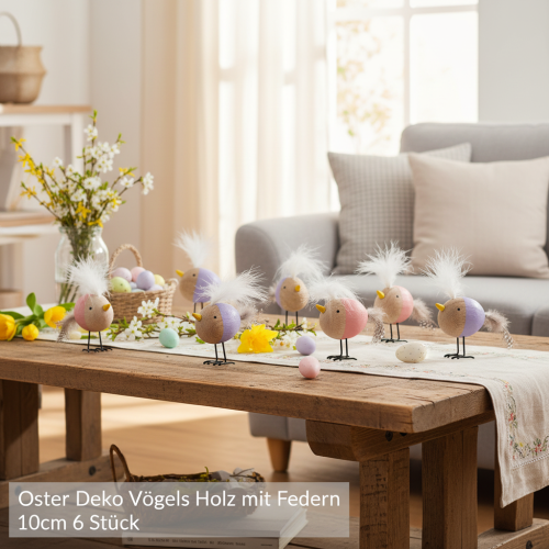 Artikel Decoratieve houten vogel met veren en een kleurrijk lijfje voor tafeldecoratie, 10 cm, 6 stuks