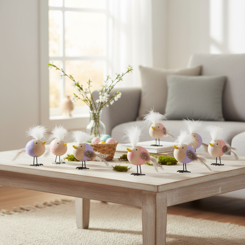 Artikel Decoratieve houten vogel met veren en een kleurrijk lijfje voor tafeldecoratie, 10 cm, 6 stuks