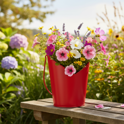 Artikel Metalen bloempot in hartvorm met handvat, rood, Ø12cm H15/9cm
