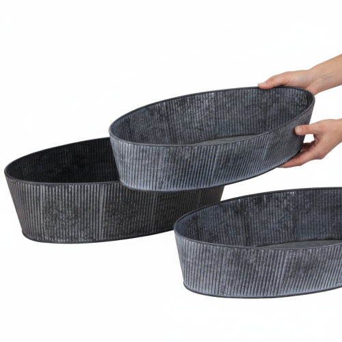 Artikel Ovale metalen kom, zwart en grijs, vintage stijl, 32,5/37 cm, set van 2.