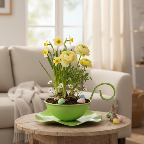 Artikel Decoratieve metalen kop met schotel, lichtgroen, H8cm Ø11,5cm, 2 stuks