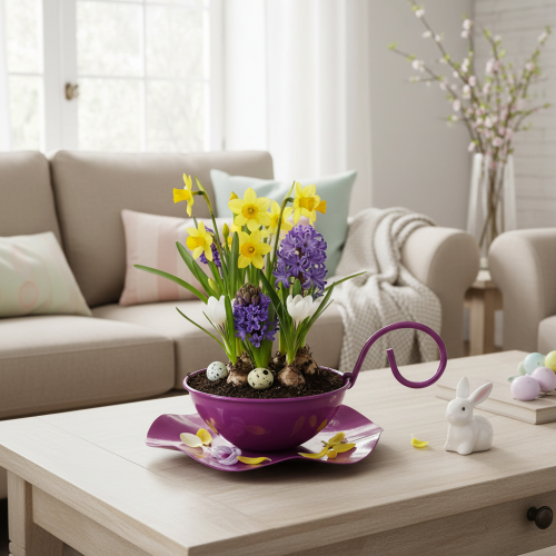 Artikel Decoratief metalen theekopje op schoteltje, paars, Ø11,5 cm, H8 cm, 2 stuks