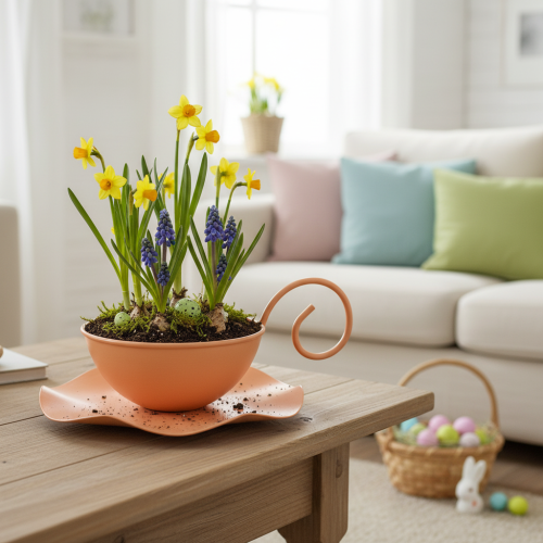 Artikel Decoratieve metalen kop, oranje, Ø11,5 cm, H6 cm, met schotel, 2 stuks