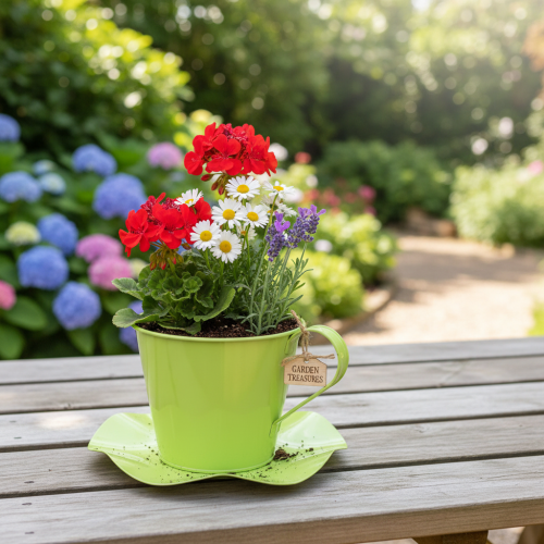 Artikel Decoratieve theekopjes van metaal met schotel, lichtgroen, Ø12 H10cm, 8 stuks