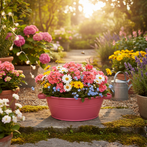 Artikel Roze metalen bloemenkom met handvatten, rond, Ø33,5 cm