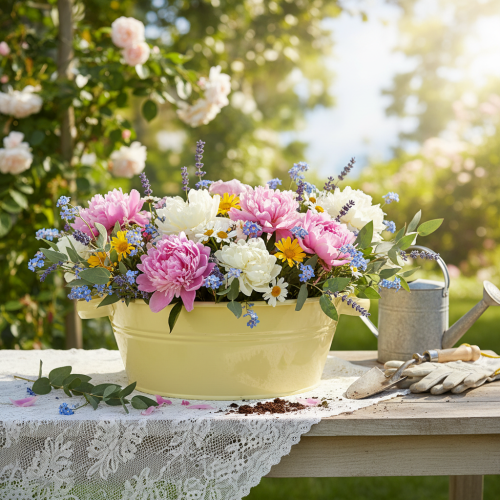 Artikel Decoratieve metalen schaal, groen-geel, bloemenschaal met handvat, Ø33,5 cm