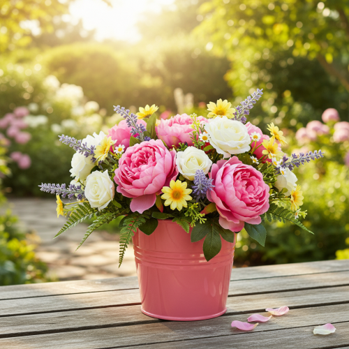 Artikel Metalen emmer bloempot met roze handvat 16x17,5x16cm 2 stuks