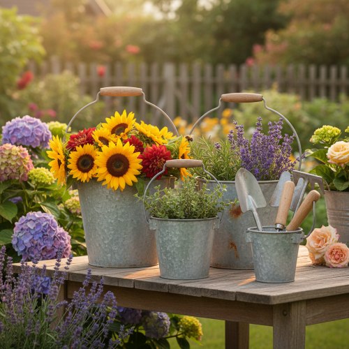 Artikel Decoratieve metalen emmers in roestbruine vintage stijl Ø15/17,5/22cm set van 3