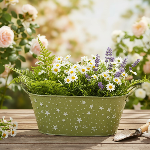 Artikel Ovale metalen schaal met sterren en handvatten, groen, 31 × 16 cm, H 12,5 cm