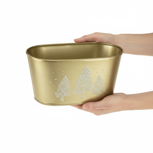 Artikel Decoratieve ovale schaal, kerstboomvormige plantenbak, goudkleurig, 24×13×12,5 cm