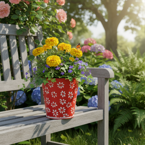 Artikel Rode en witte bloempot met bloemenprint, metaal, Ø12,5 cm H11,5 cm