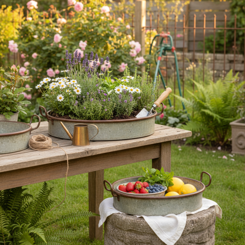 Artikel Ovale metalen dienblad met handvat, roestkleurig, 46/52 cm, set van 2