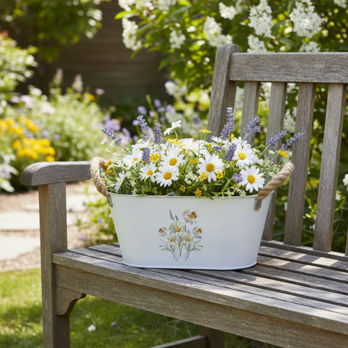 Artikel Decoratieve ovale metalen schaal, wit met natuurlijke bloemenversiering, L26cm