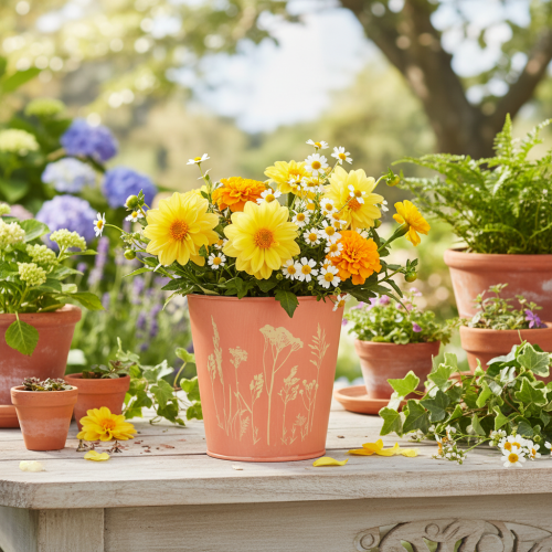 Artikel Bloempot met bloemversiering, abrikoosgeel, Ø10,5 cm H10,5 cm
