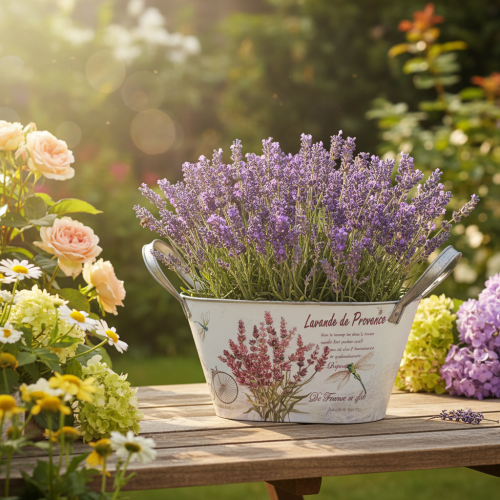 Artikel Ovale metalen bloemenvaas met handvatten, lavendel, 32×15×15 cm