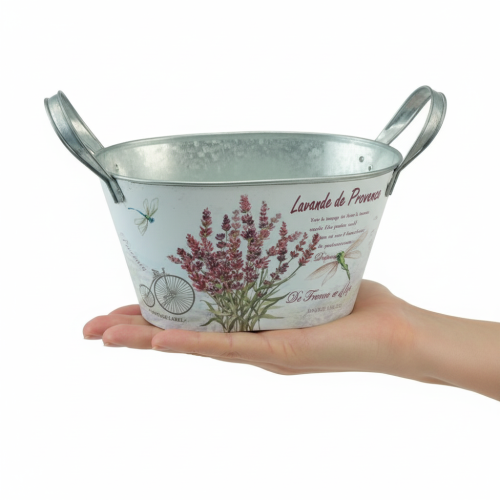 Artikel Ovale metalen bloemenvaas met handvatten, lavendel, 32×15×15 cm