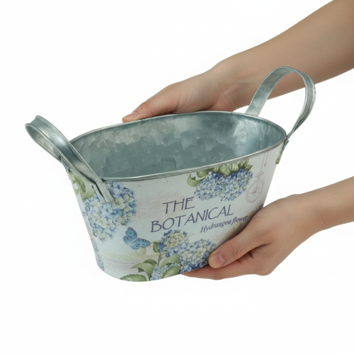 Artikel Ovale metalen bloemenvaas met handvatten, voor hortensia's, 32×15×15 cm