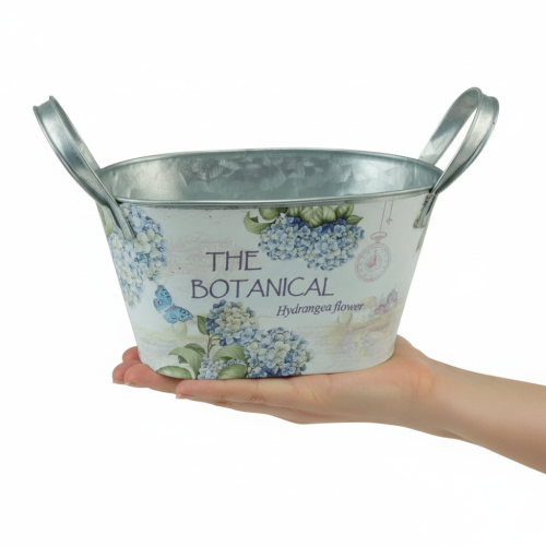 Artikel Bloemvaas met handvatten, hortensiamotief, metaal, 26×13×14,5 cm