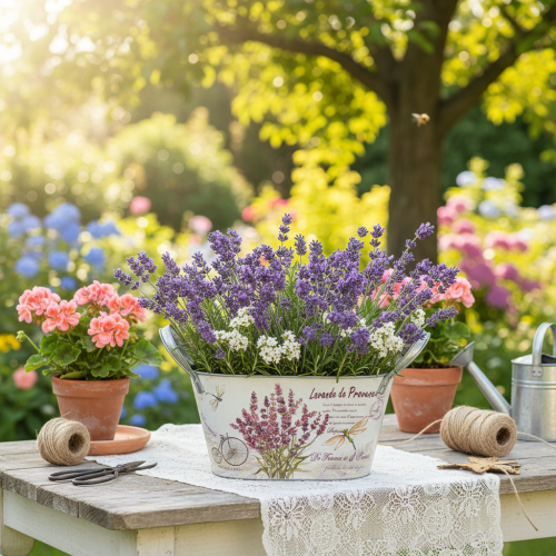 Artikel Ovale metalen bloemenvaas met handvatten, lavendel, 26×13×14,5 cm