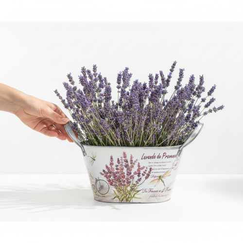 Artikel Ovale metalen bloemenvaas met handvatten, lavendel, 26×13×14,5 cm